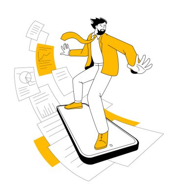 Genç adam dijital içerik dalgasını akıllı bir telefonun üzerinde sürüyor. Sanal dijital akımda sörf yapan çizgi film karakteri. Vektör illüstrasyonu.