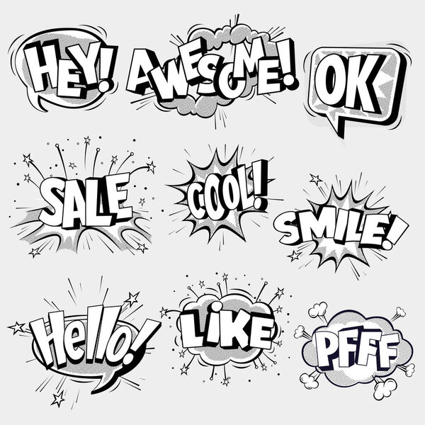 Коллекция черно-белых шуточных речевых пузырей с крутой растровой теневой текстурой. Векторная плоская коллекция.