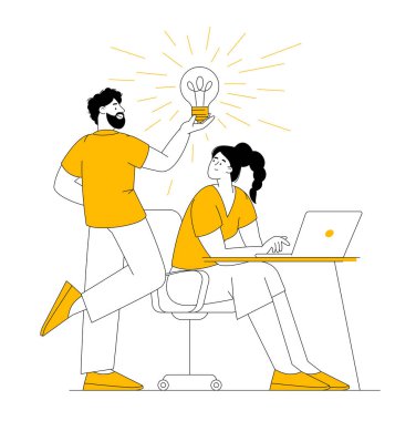 Yaratıcı süreç. Takım beyin fırtınası yapıyor. Projeyi Insight ve parlak fikrin sembolü olan ampulle yürüten kadın ve erkekler. Düz vektör illüstrasyonu.