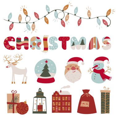 Noel ve Yeni Yıl dekorasyonları ve tasarım elemanı vektörü seti. Düz dizayn hediyeler, yeni yıl ağacı, Noel Baba, Noel mumları ve ışıklar..