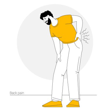 Görünür bir rahatsızlık içinde eğilen bir adam omurga ağrısından muzdarip. Masaja ya da osteopat doktorunun yardımına ihtiyacı var. Düz vektör çizimi. Düz vektör kavramı.