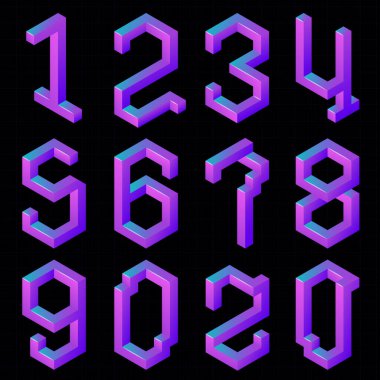 Vektör 3D izometrik fütüristik tekno siber punk numarası ayarlandı. Derin siyah arkaplanda yaratıcı sayı tipografisi