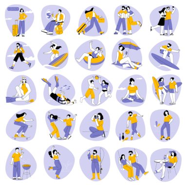 Yaz sporu ve tatil aktiviteleri çizgi film düz çizim paketi.