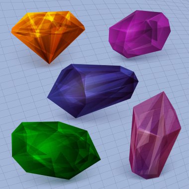 Çeşitli geometrik şekil ve renklerden şeffaf kristaller ve mücevherler. Farklı yansıtıcı gölgeli cam elmaslar Vektör gerçekçi parlak taşlar seti.