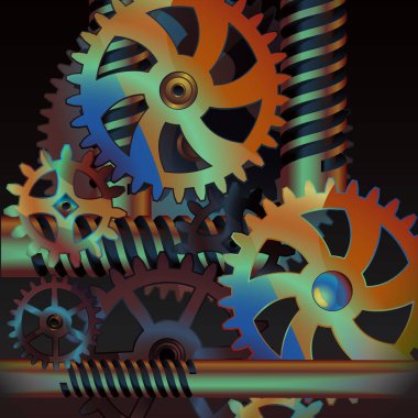 Steampunk bronz dişli tekerlekleri. Gerçekçi dişli ve dişli mekanizması. Mühendislik ve teknoloji vektörü.