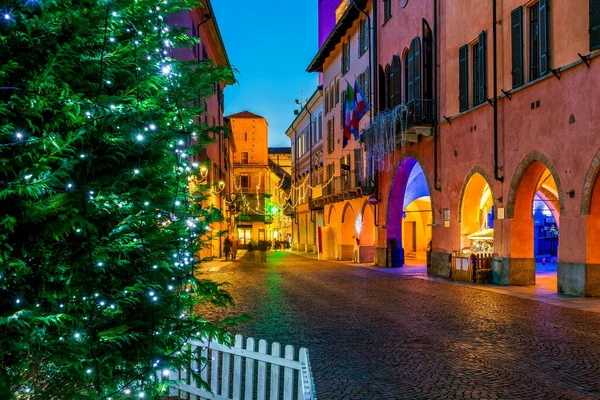 Christmas Tree Illuminated Decorated Cobblestone Street Old Town Alba Piedmont — Stock Photo, Image