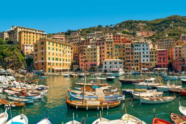 Liman manzarası ve küçük Camogli kasabasındaki renkli evler, Liguria, İtalya.