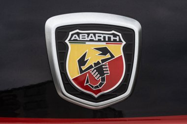 WETZLAR, GERMANY 2022-04-23: ABARTH CAR LOGO. Is a racing car and road car maker founded by Carlo Abarth of Turin in 1949, the logo is a shield with a stylized scorpion.