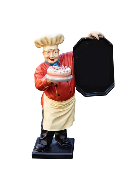 Eine Kochfigur Mit Buntem Kuchen Hält Eine Leere Schwarze Tafel — Stockfoto