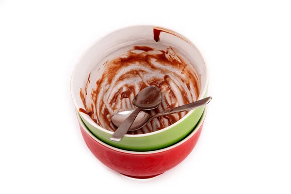 Empty Chocolate Pudding Bowls Two Tea Spoons White Background — Stock Photo, Image