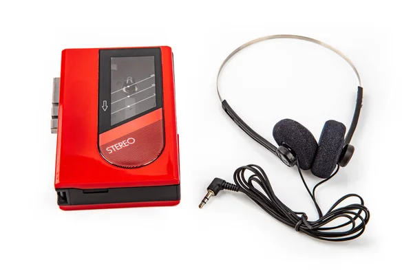 Красный Walkman Наушником Лентой Изолированы Ярком Фоне — стоковое фото