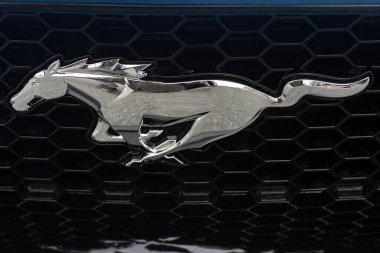 WETZLAR, ALMANY 2022-04-23: Ford logosu bir arabanın önünde. Ford, Detroit 'te merkezi olan çok uluslu bir Amerikan otomobil üreticisi..