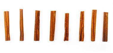 Dried Cinnamon sticks in a row isolated over white background