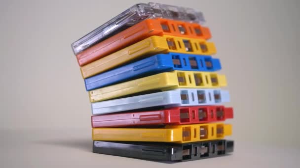 Stacked Colourful Audio Tapes Turntable — Stock Video