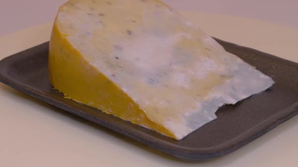 ターンテーブル上で回転する黒い発泡スチロールプレート上のカビチーズのピース 概念は食品を無駄にしない — ストック動画
