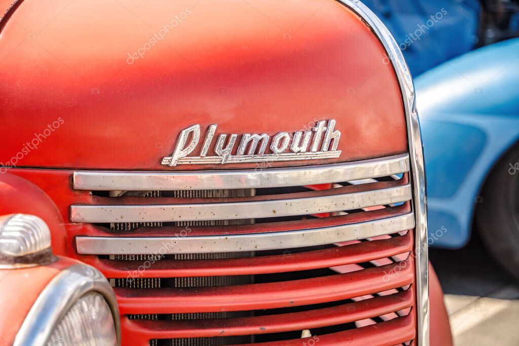 WETTENBERG, HESSE, GERMANY - 07 - 28 - 2023: PLYMOUTH Truck Car Lettering in Detail on a Car Show Golden Oldies in Krofdorf-Gleiberg, near Giessen, Hesse.