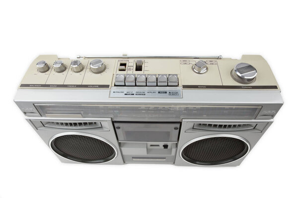 Portable Retro Tapedeck with buttons and switches isolated on white background.