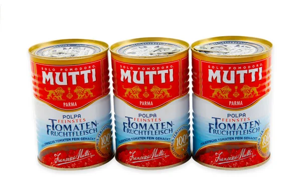Huettenberg Hesse Germany 2023 Mutti Cans Peeled Tomatoes Italian Product Stock Image