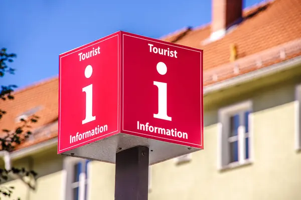 Red Information Tourist Sign Downtown Centre Stock Fotografie