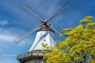 Gökyüzüne uzanan tarihi Alman yel değirmeni güneşli bir günde geleneksel mimari ve mühendislik sergiliyor..