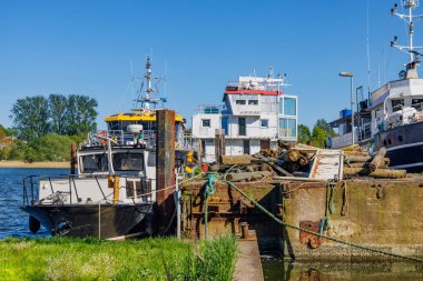Römorkör ve diğer tekneler, güneşli bir günde yüzen bir evle bir limana demirlediler ve bir mavnada kütük tuttular..