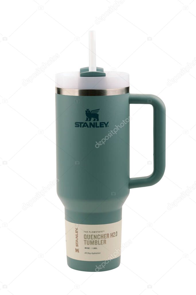 HUETTENBERG, GERMANY - January 25, 2025: STANLEY Quencher H2.0 FlowState drinking bottle with straw 1.18 L - Thermo mug.