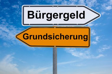 Zıt yönleri gösteren yol tabelaları Almanya 'da brgergeld vatandaşının geliri ile grundsicherung (temel gelir) arasındaki seçimi temsil etmektedir.