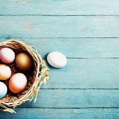 Happy Eastern Greetings with colourful Eggs and a Bunny