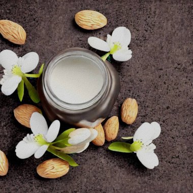 a fresh dessert of milk jogurt with almonds