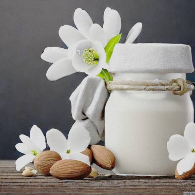 a fresh dessert of milk jogurt with almonds