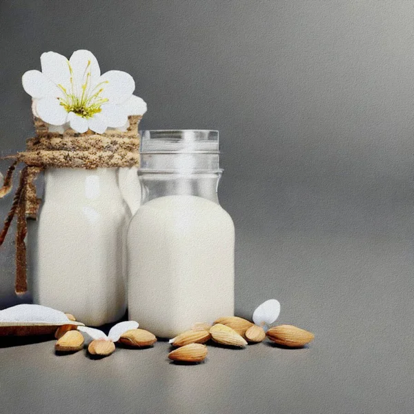 Fresh Dessert Milk Jogurt Almonds 스톡 사진