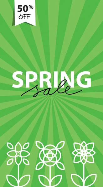 Green Banner Spring Sale Green Rays Flower — Stockvektor