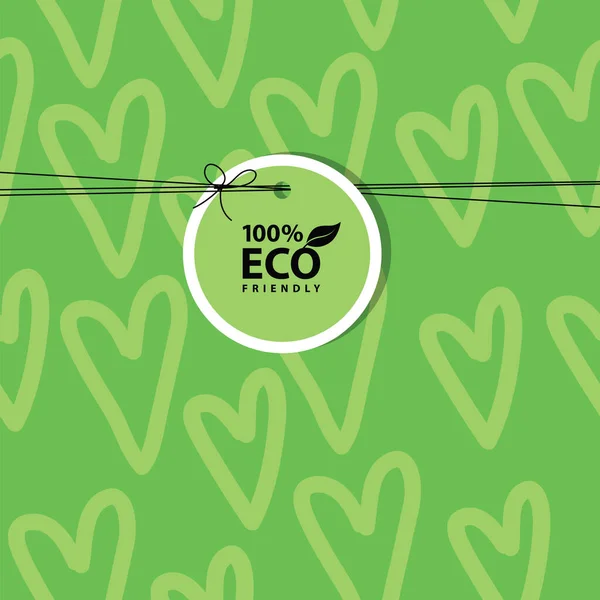 Green Background Eco Friendly Label Heart Pattern — Image vectorielle