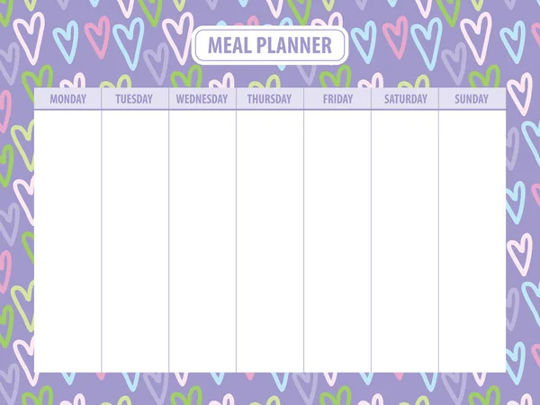 Weekly Meal Planner Blank Template Colorful Heart Background — Stock Vector