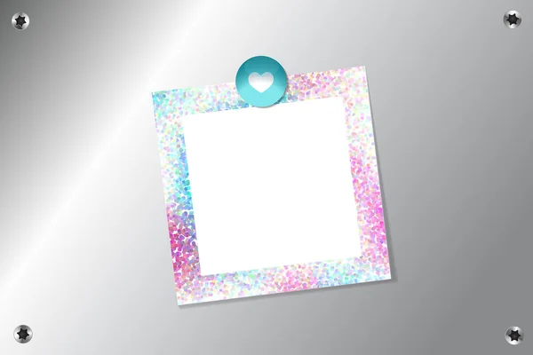Notera Papper Med Hjärta Glas Magnet Silver Pin Board Bakgrund — Stock vektor