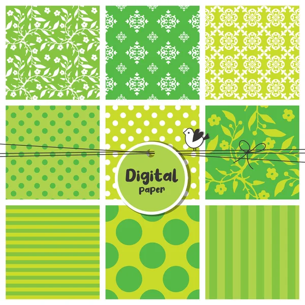 Digitale Papieren Set Van Naadloze Patronen Bloemen Stippen Strepen Groene — Stockvector