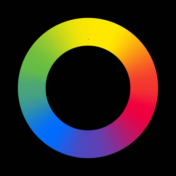Color wheel circle spectrum isolated on black background, rainbow gradient, vibrant colours. Black background.