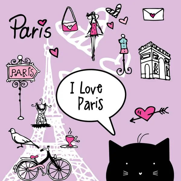 Encanta París Los Símbolos Garabatean Pegatinas Ilustraciones Hechas Mano Contexto — Archivo Imágenes Vectoriales