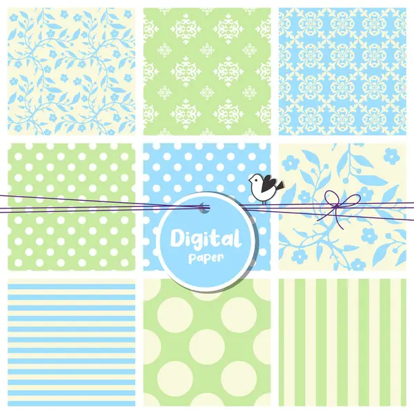 Set Digital Papers Set Seamless Patterns Flowers Dots Stripes Square — Stock Vector