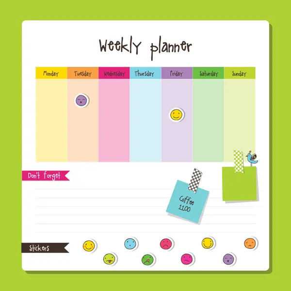 Planner Weekly Note Paper Notes List Organiser Planner Template — Stock Vector