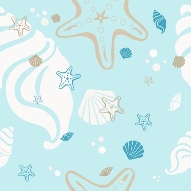Plaj kabukları ve yıldızların pürüzsüz deseni. Yaz tatili geçmişi.