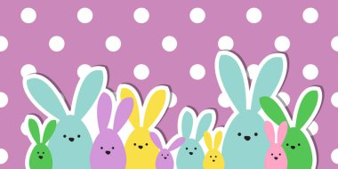 Kutlama Paskalya tebrik kartı, renkli Paskalya tavşanı ailesi benekli arka planda