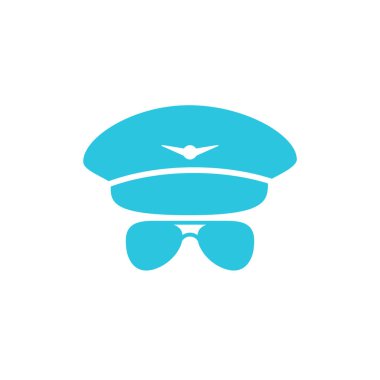 Uçuş kaptanı şapkası ve gözlüğü beyaz arka planda. Mavi simge setinden.