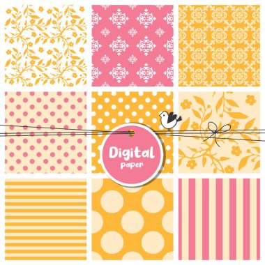 Dijital kağıtlar, pürüzsüz desenler, çiçekler, noktalar, çizgiler, kare kumaşlar.