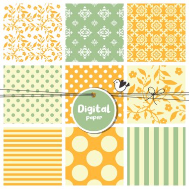 Dijital kağıtlar, pürüzsüz desenler, çiçekler, noktalar, çizgiler, kare kumaşlar.