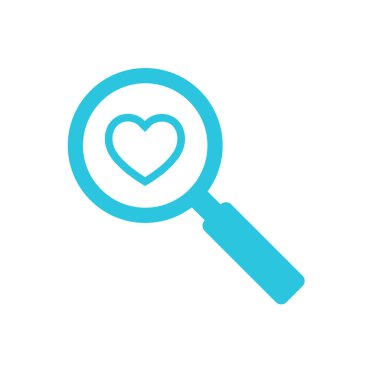 Büyüteç altındaki saf kalp, yakınlaştırma simgesi, beyaz arkaplanda izole edilmiş, mavi simge kümesinden