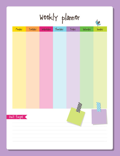 Planner. Weekly Note paper, Notes, to do list. Organiser planner template.