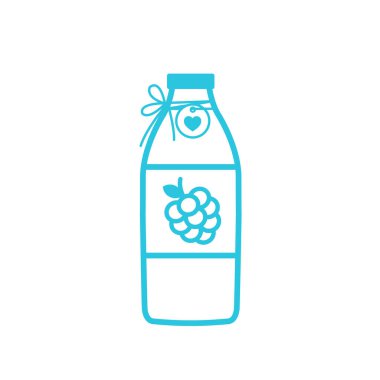 Şişede ahududu şurubu. Beyaz arka planda izole edilmiş. Mavi simge setinden.