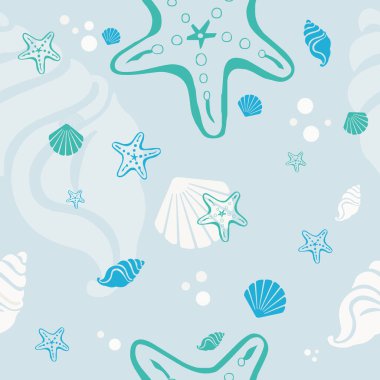 Plaj kabukları ve yıldızların pürüzsüz deseni. Yaz tatili geçmişi.