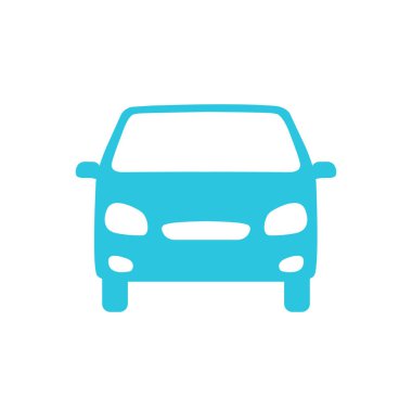 Araba ikonu, ön manzara, beyaz arka planda izole edilmiş. Mavi simge setinden.